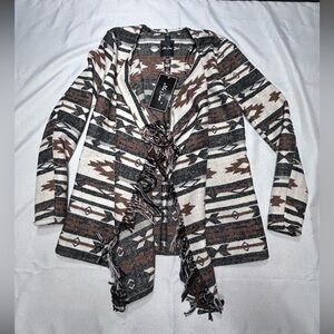 Open front fringe trim southwest western boutique jacket country small Aztec art